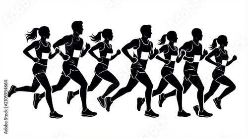 Fotografie Vectors Running marathon silhouettes of diverse athletes, black and white sports