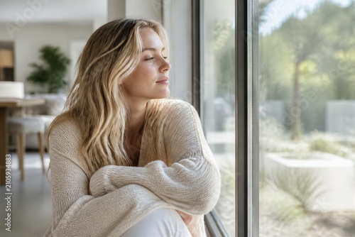 Plakat Blonde woman gazing out window in bright home interior