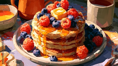 Fresh strawberries, blueberries, and raspberries stacked on buttery toast