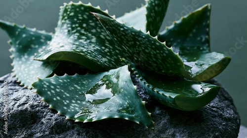 Close-up of a group of aloe vera leaves resting on a dark grey rock. the leaves are arranged in a fan-like pattern, with each leaf slightly overlapping the one below it.