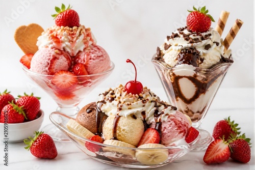 Assorted ice cream sundaes with fruit toppings on marble