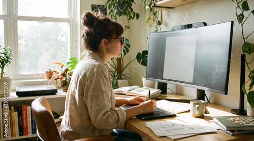 A graphic designer uses an advanced eye-tracking monitor and a digital stylus pen on a drawing tablet. Bright natural light fills the artistic professional workspace now.