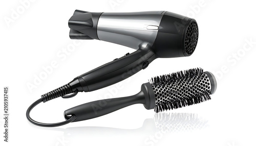 Isolated professional hair dryer and round styling brush on a clean surface, ready for salon use