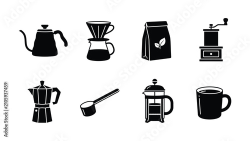Cuadro en lienzo Coffee and tea brewing equipment icons on white background