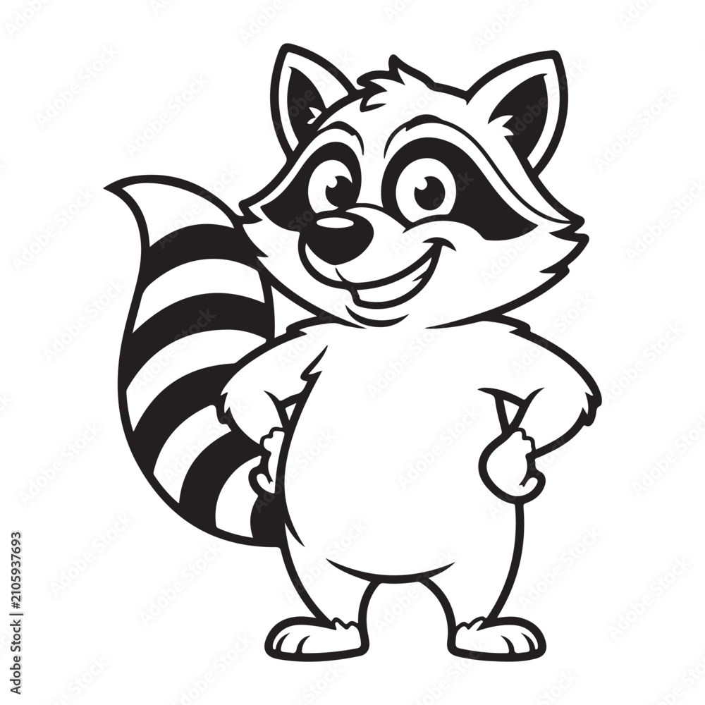 Fototapeta premium Cartoon raccoon character vector illustration, cute forest animal mascot in black and white line art, friendly raccoon standing with hands on hips
