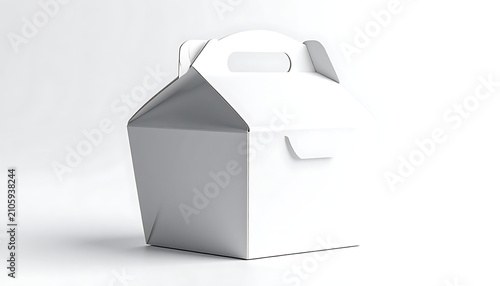 Isolated white gable box with handle, empty packaging for gifts or food, cutout on white background