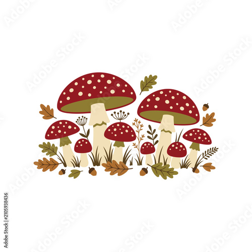 Autumn forest mushrooms illustration. Fall season nature vector with red toadstools and leaves.