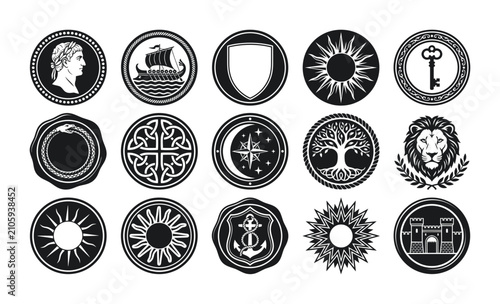Fotografi Vintage heraldic icons and ancient mystical symbols, set of 15 black and white v