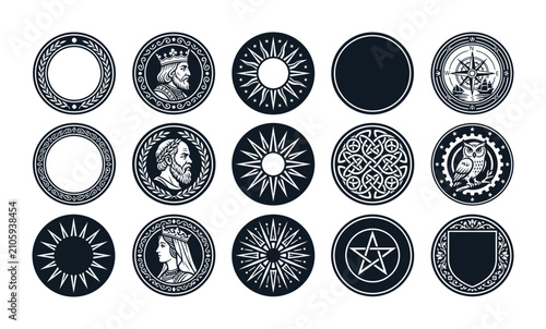 Bild auf Leinwand Vintage heraldic coin icons, 15 black and white medieval seal vectors, antique r