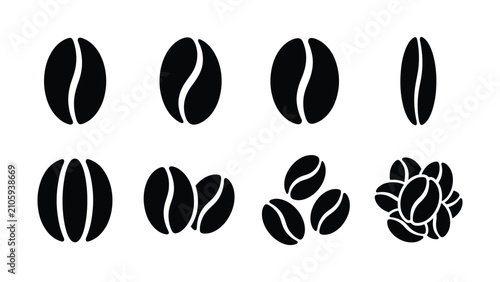 Coffee beans collection in simple black silhouette on white background