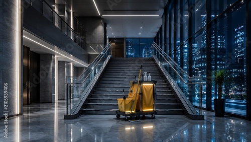 A modern building interior featuring a grand staircase and a cleaning cart, with a city skyline visible through large windows at night.