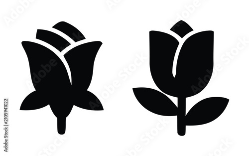 Tableau sur toile Professional Rose Bud with Sepal Base and Tulip Blossom with Leaves Glyph Icons