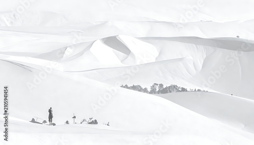 Monochromatic abstract landscape of rolling sand dunes and sparse vegetation in soft, diffused light, creating a minimalist and serene atmosphere
