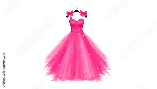 Cuadro en lienzo Princess dress in vibrant pink features a voluminous tulle skirt and delicate bow details on the shoulders for formal events