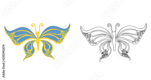 Butterfly coloring page for kids with a color sample. Vector illustration isolated on a white background.