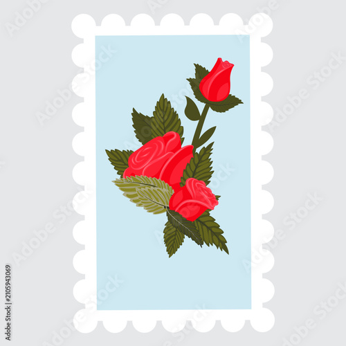 A postage stamp depicting a composition of two lovely, graceful red roses and a bud framed by leaves. Vector illustration isolated on a gray background.
