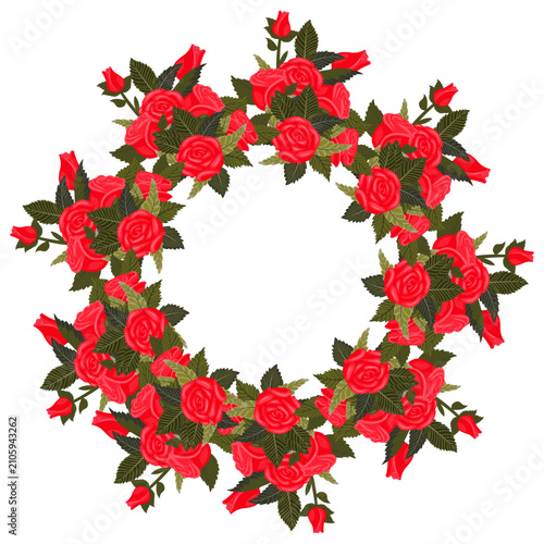 A wreath of lush, lovely bright red roses and buds for your design. Vector illustration isolated on a white background.