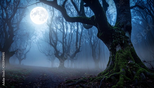 Dark misty forest with towering ancient trees, moonlit fog, and an eerie woodland atmosphere creating a dramatic Halloween and horror background with ample copy space.