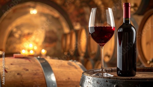Elegant red wine bottle and crystal wine glass displayed on a rustic oak barrel in a warm wine cellar with premium lighting and sophisticated winery atmosphere.
