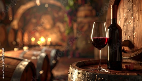 Elegant red wine bottle and crystal wine glass displayed on a rustic oak barrel in a warm wine cellar with premium lighting and sophisticated winery atmosphere.