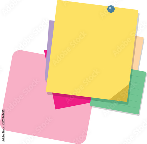 A colorful stack of flat paper sticky notes pinned against a white background