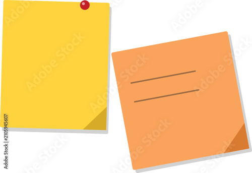 A yellow note with a red pin and an orange note with lines for writing