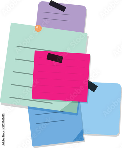 A colorful collection of layered sticky notes attached with black tape
