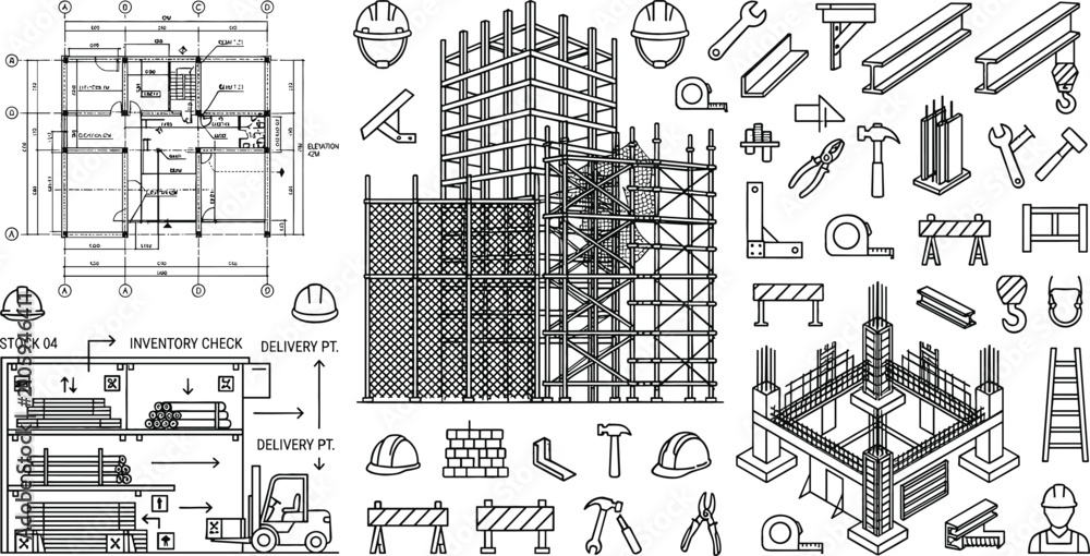 Obraz premium Construction Site and Architectural Blueprint Icon Set Featuring Building Scaffolding Concrete Foundations Industrial Tools and Forklift Logistics Vectors