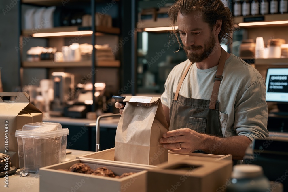 Fototapeta premium Cafe staff preparing mobile pickup order with takeout bag behind counter