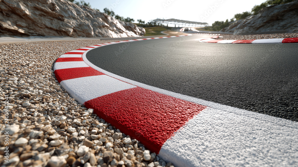 Obraz premium Asphalt race track turn with textured red and white curbs gravel trap and rocks under bright daylight close up sharp focus on the racetrack curb foreground