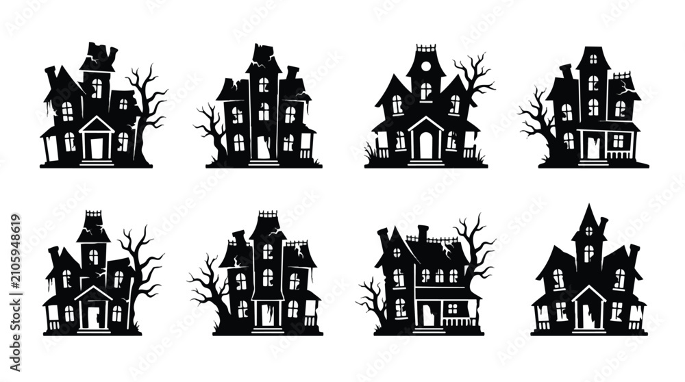 Obraz premium Collection of eight spooky haunted house silhouettes for Halloween designs.