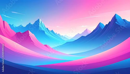 Pixelated mountain range landscape with vibrant pink and blue sky, retro gaming aesthetic, digital art