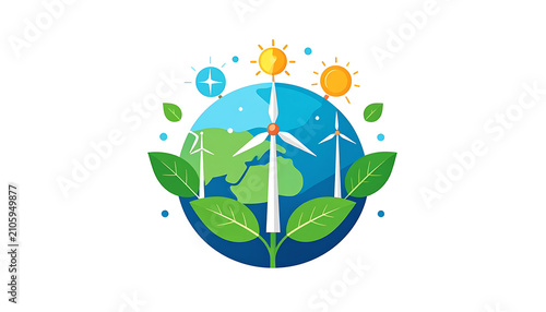 Planet Earth with wind turbines and sun symbols, representing renewable energy and environmental protection, green leaves and blue planet graphic