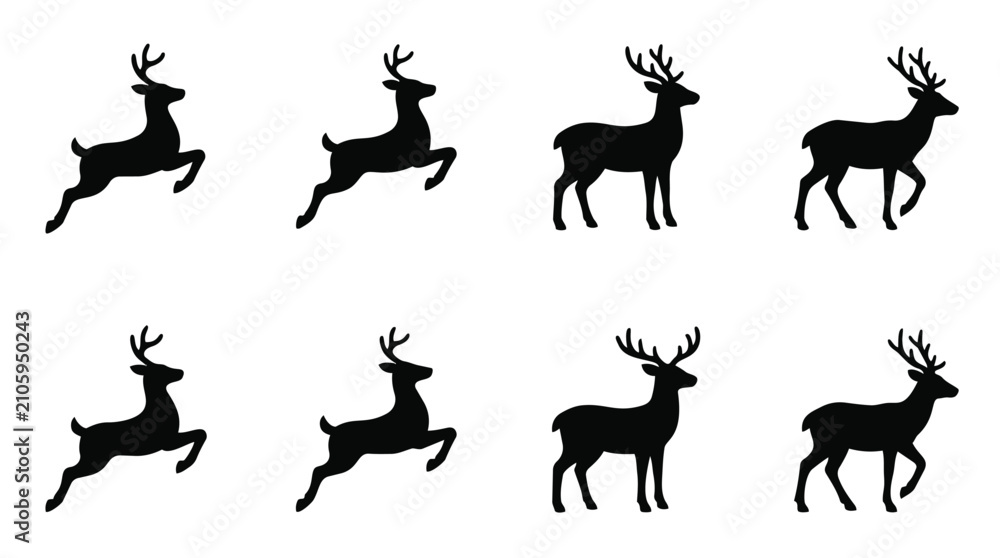 Fototapeta premium Black reindeer silhouettes set in jumping standing and walking poses on white background.