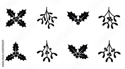 Black ink stamps of Christmas holly leaves and mistletoe branches set.