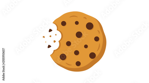 A round golden brown chocolate chip cookie with a single bite taken out of it