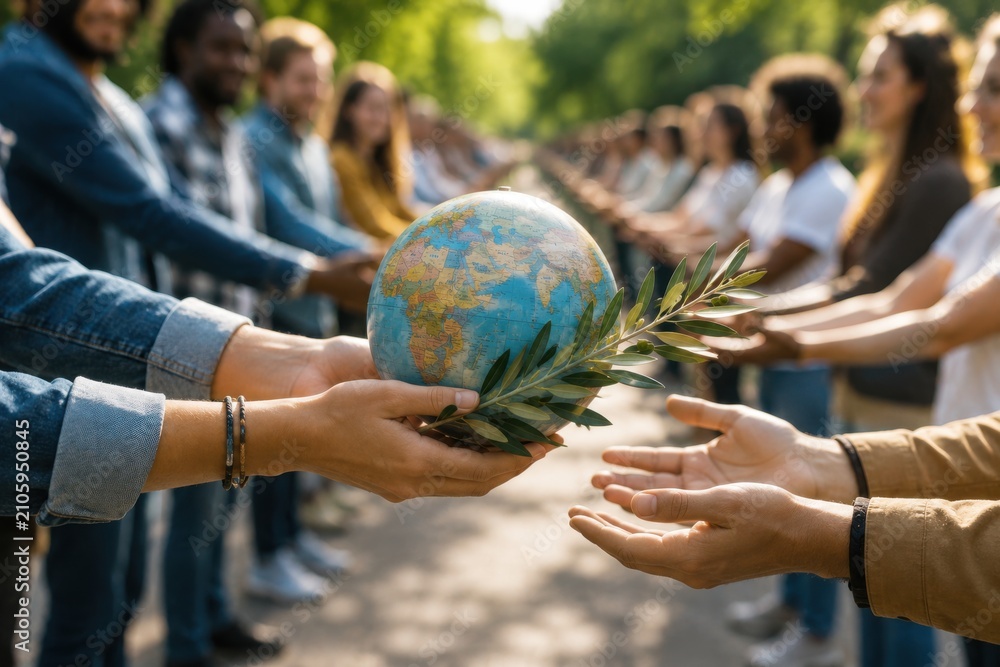 Fototapeta premium Diverse group of people passing globe with olive branch in outdoor circle