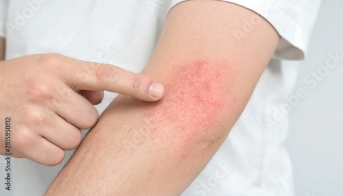 person with red skin rash on arm being pointed at by finger skin condition