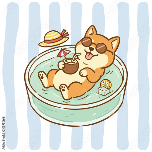 Cute Shiba Inu Dog Relaxing in Water Bowl Illustration