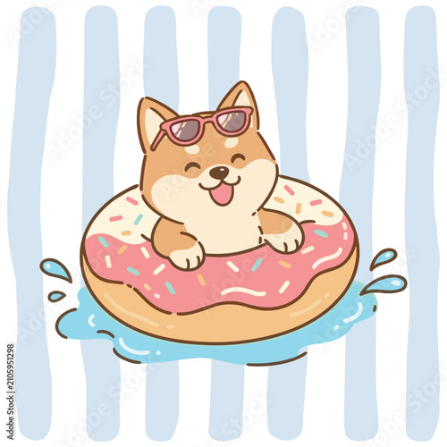 Cute Shiba Inu Dog Wearing Sunglasses in Donut Float Summer Illustration