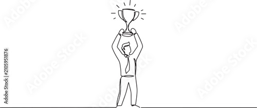 Continuous One Line Drawing of Businessman Raising Trophy in Victory Celebration Success Concept, one line art icon drawing