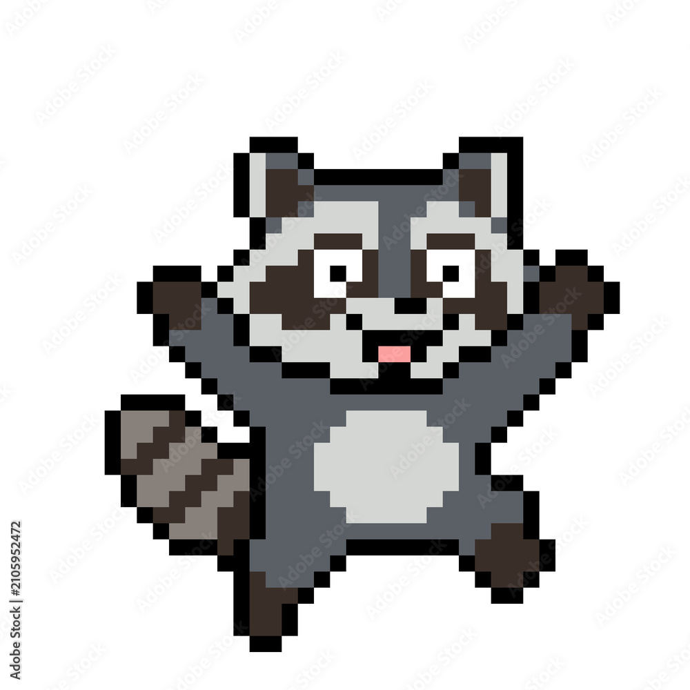 Fototapeta premium 8-bit pixel art style excited happy jumping raccoon emote