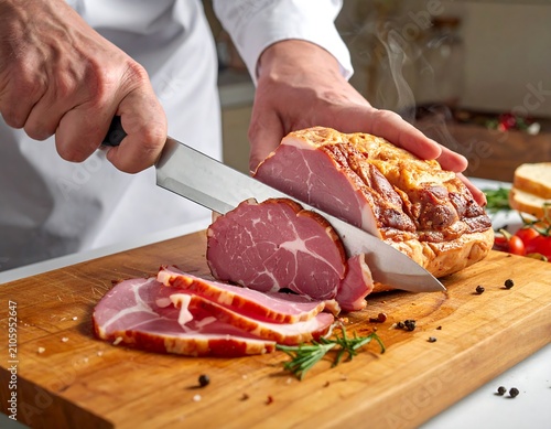 Hands slicing cured meat on wooden board.
