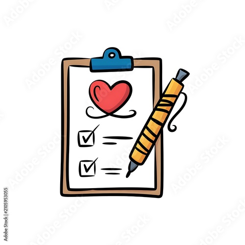 Clipboard with a red heart and pen checklist illustration