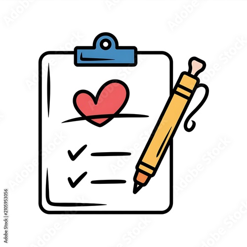 Clipboard with heart symbol and pen icon illustration