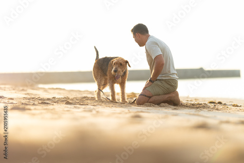 Photos Man kneeling on sandy beach interacts with brown dog during sunset, calm water and distant pier visible in the background