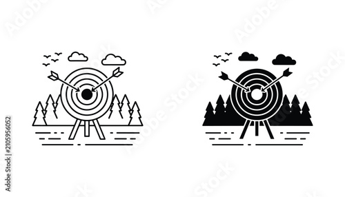 Fotografie Archery target vector icon isolated on white Black and white outline line art an