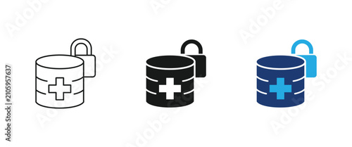 Secure health data icon, medical database security symbol, patient records protection padlock sign. Vector illustration