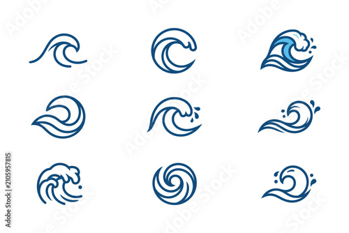 Bild auf Leinwand Set of sea wave icons representing water ocean currents and surfing with blue wa
