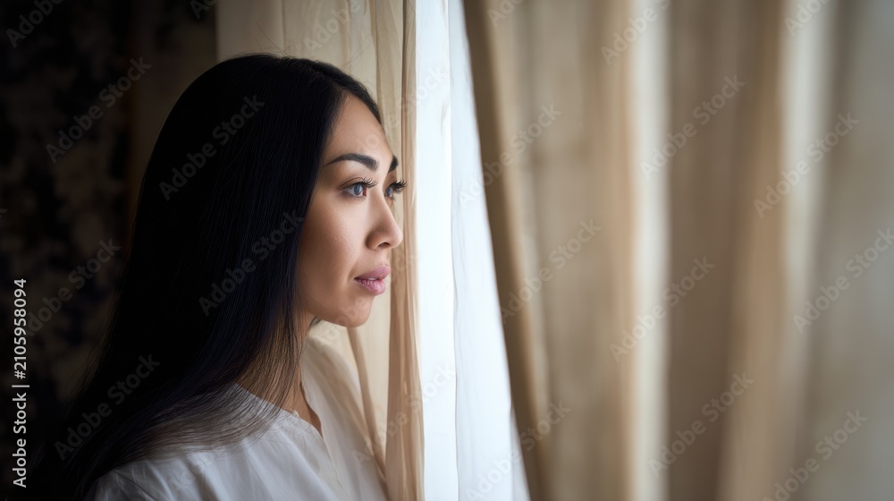 Fototapeta premium Woman looking out of a window during the day in a room with light curtains